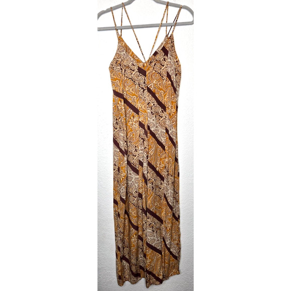 Womens Strappy Jumpsuit 6 Gold Brown V Neck Wide Leg Paisley Boho Flowy Indie - Picture 6 of 12